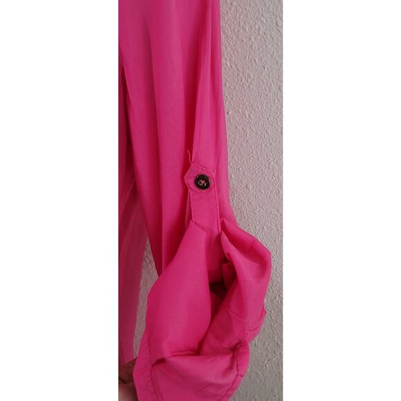 Banana Republic Hot Pink Button Up Top Small Long Roll Tab Sleeves Lightweight - Picture 2 of 4